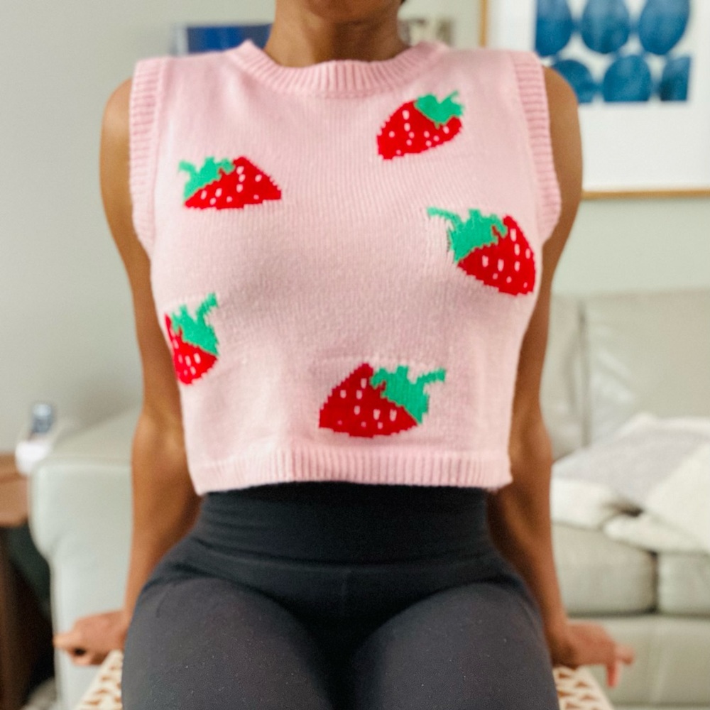 Y2K Vibe Cozy Lightweight Knit Strawberry Sweater Crop Tank Vest